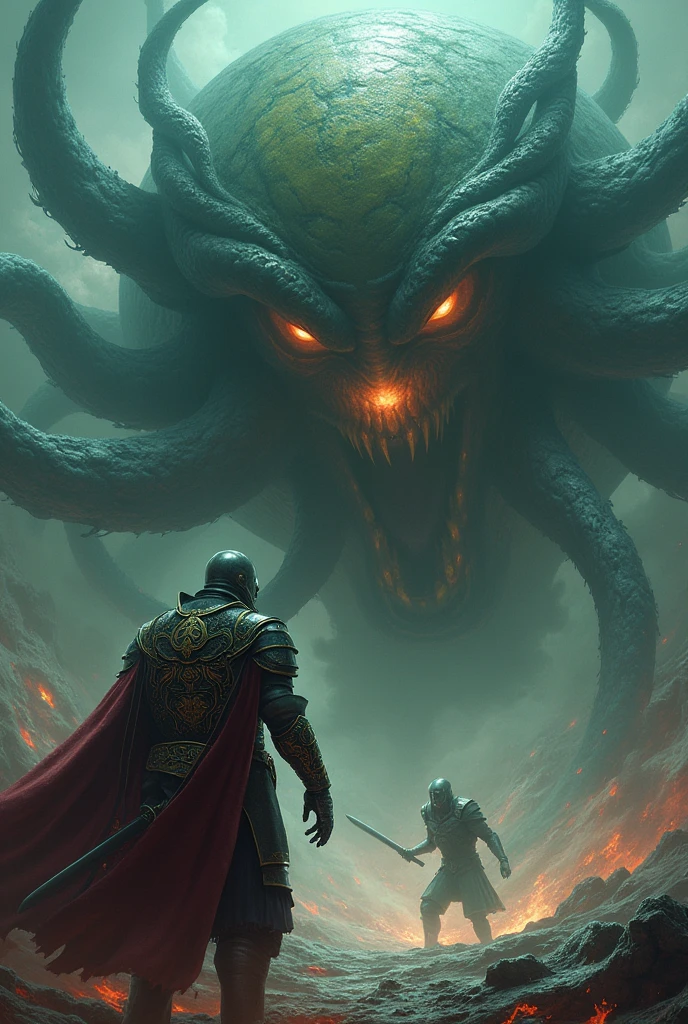 An eye of cthulhu fighting someone in armor