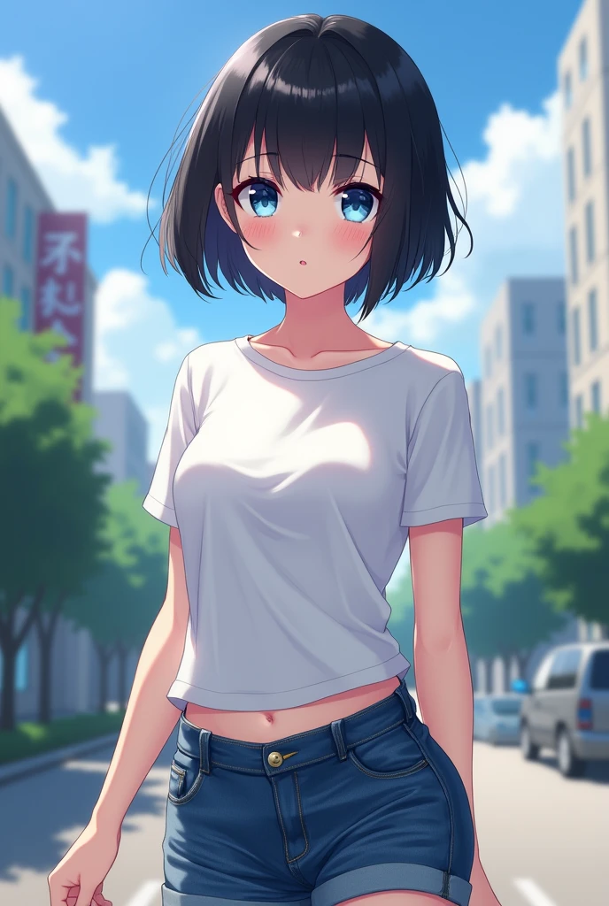 1girl, short black hair, blue eyes, wearing plain white shirt, denim shorts, city, absurdres, high res, ultrasharp, 8K, masterpiece, looking at viewer