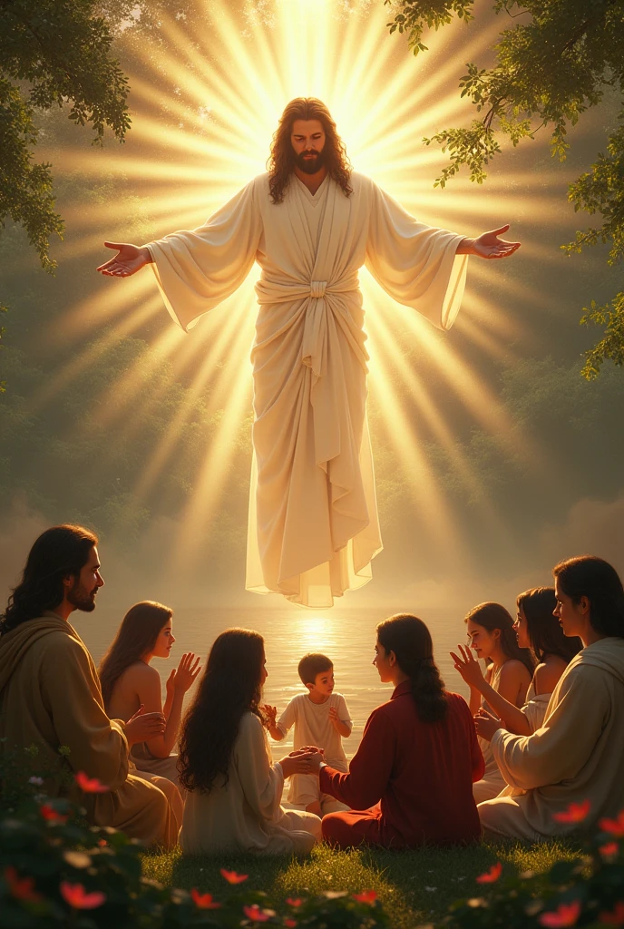 Generate an image that reflects love where God appears, people and more types of love, that looks very realistic 