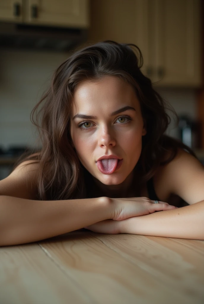 20 year old woman lying on kitchen table showing nipples on table crossing eyes and sticking out tongue