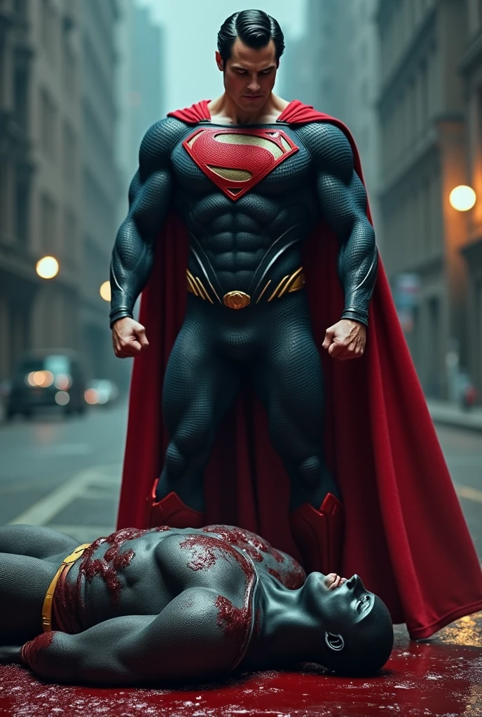 Superman standing angry with bloody fists and black suite and glowing red eyes, batman on the ground dead, laying in his own blood with mask that resembles bat and has closed eyes  with apocalyptic background 