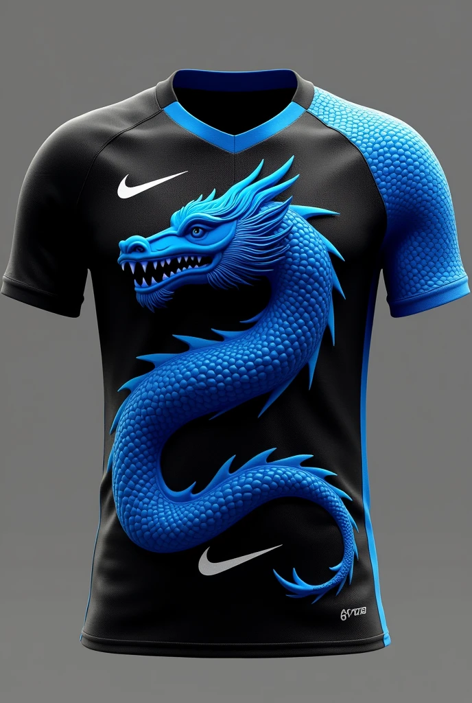 Brazilian football uniform without player, with black color ,with giant blue dragon ,Nike brand with blue scale on the right shoulder with 6 years on the side 