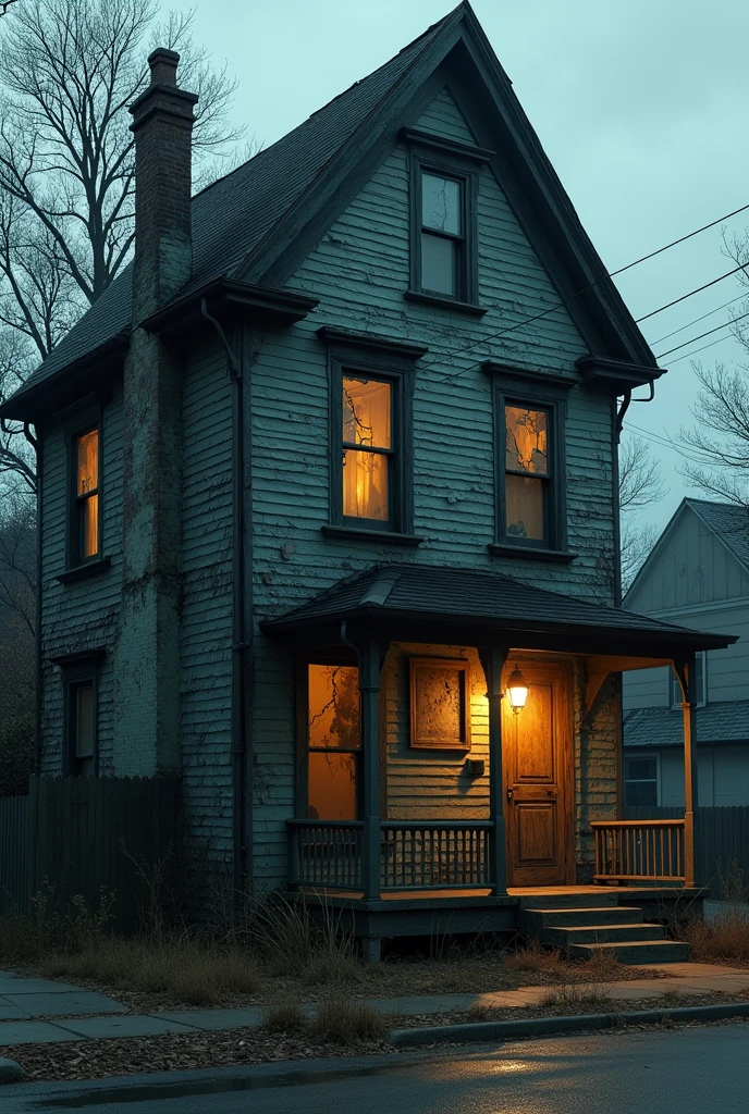 The old house at the end of the block: An old house, Darkening, with broken windows and the main door slightly open. The house should look mysterious and a little menacing., com sombras e iluminação Darkening.