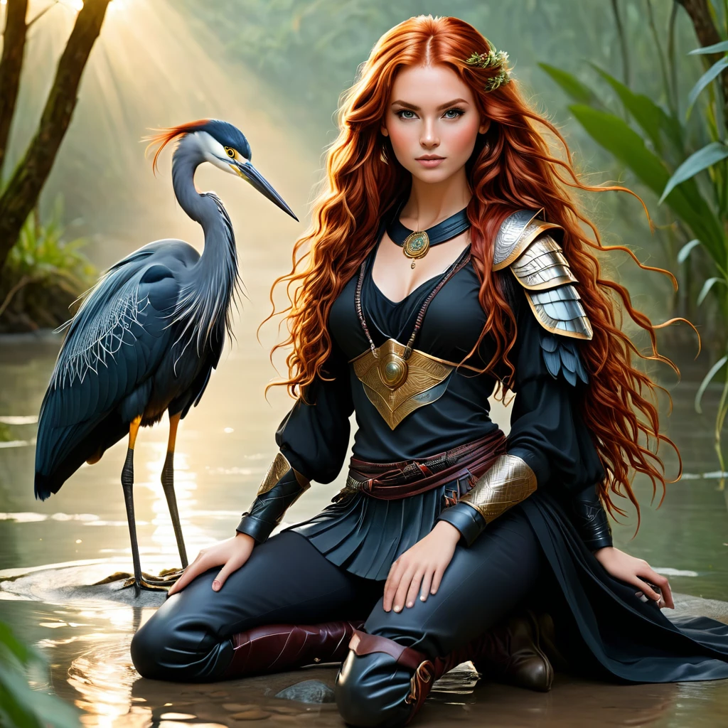 a full body image of Nayane Laura Menequel XX weeks 13, a beautiful young woman with a friendly warrior appearance, detailed light honey eyes, long red hair, wearing black boots, she is in a heron pose, NayaneLaura