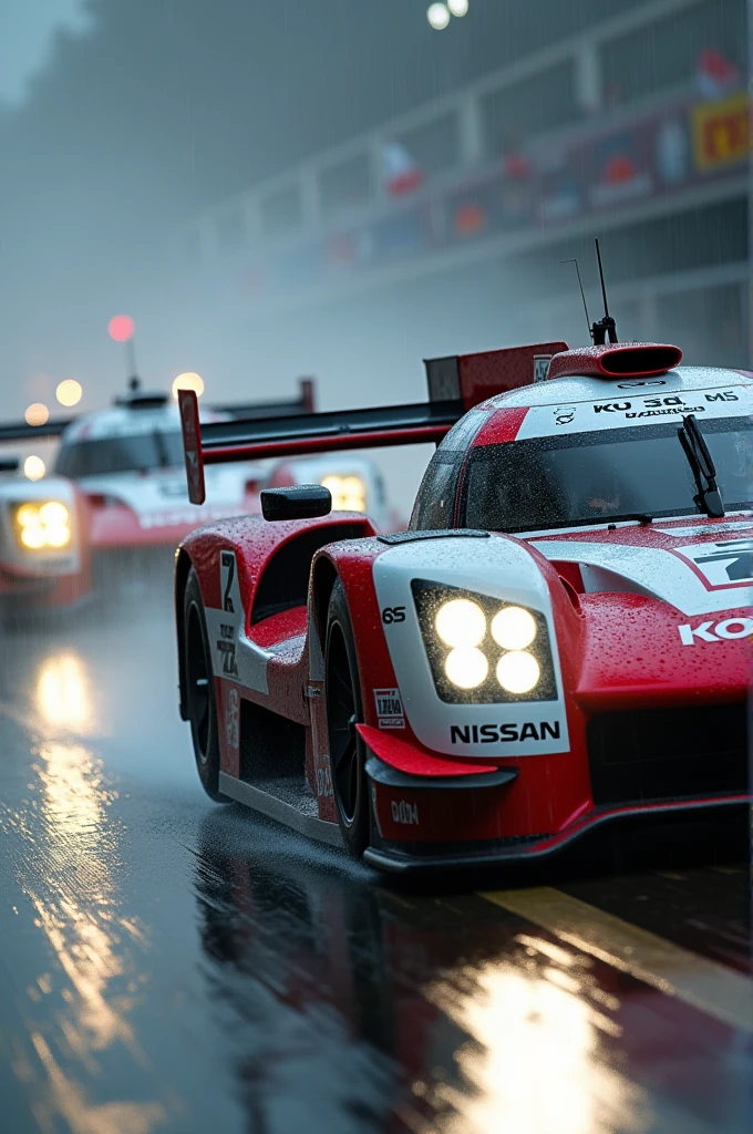 GTR lm racing at le mans with other cars behind in the rain with the headlights on white light