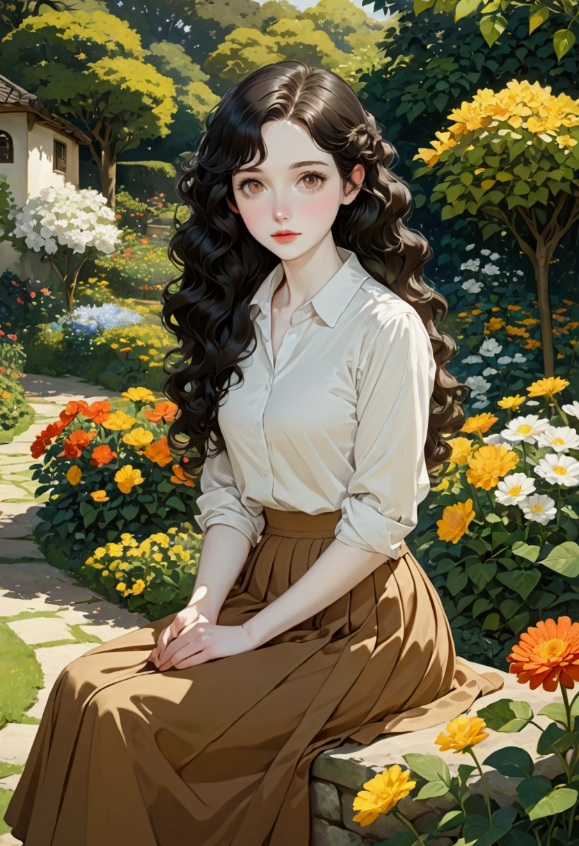 1 girl, Pale skin, black hair, long, curly hair, White shirt, brown skirt, Whole body, Brown eyes, sitting in a garden. 