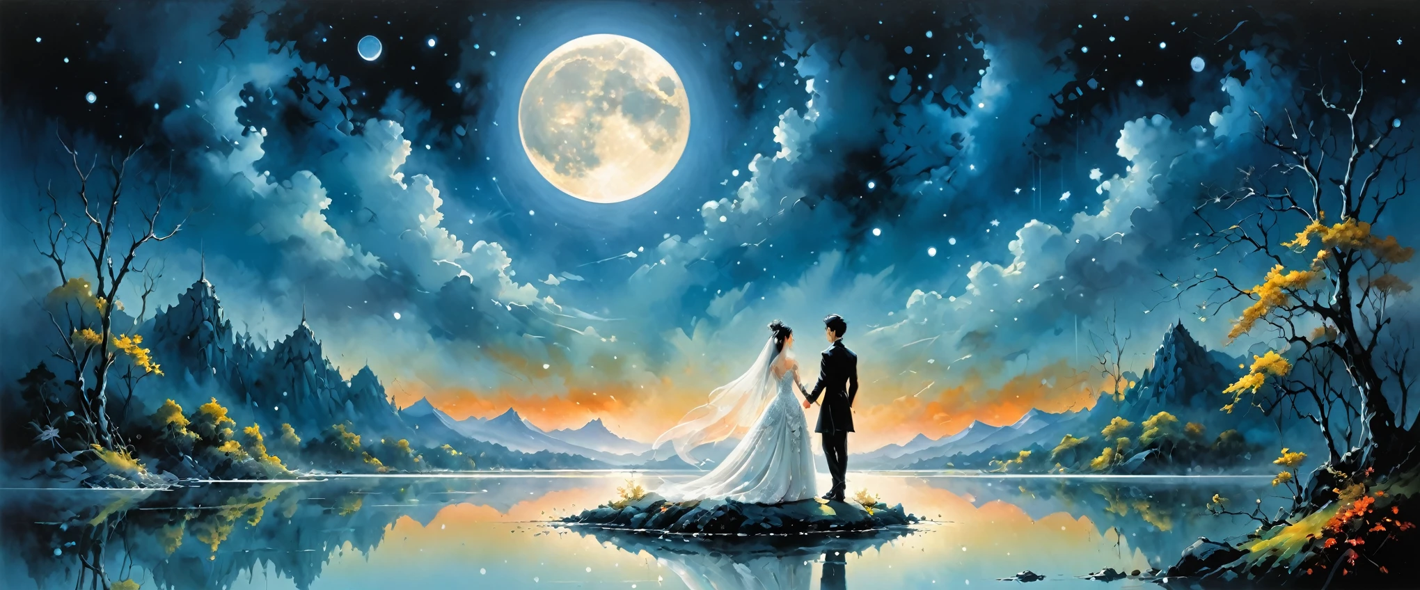 Breathtaking art in the style of Eiichiro Oda, (a mirror lake reflecting not the sky, but vast, unexplored galaxies:1.1), bride and groom standing under the Romantic glow of the moon.