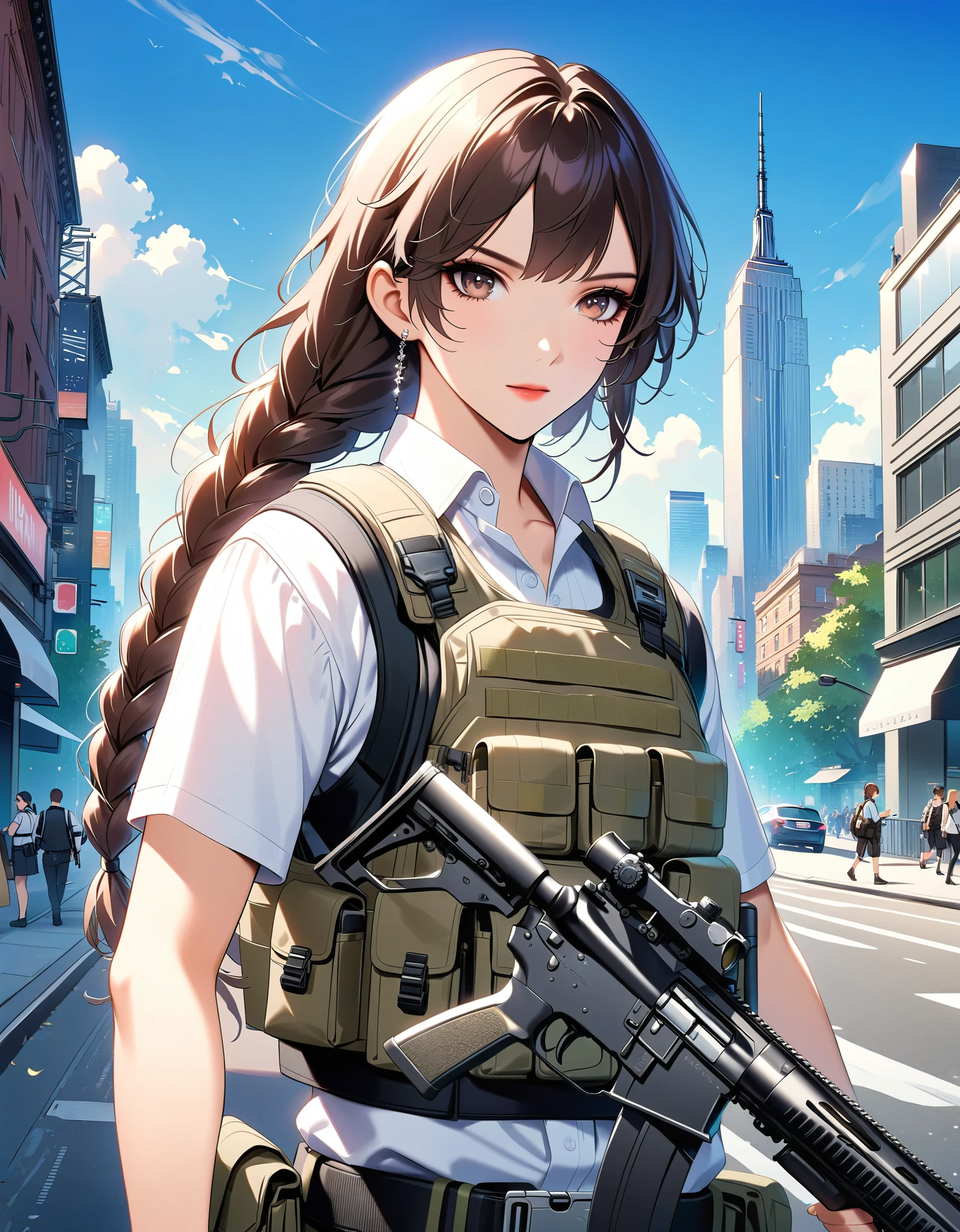 anime girl with gun in hand and city in background, brown hair, hazel eyes, new york, with rifle, assault vest, solo, solo focus, daytime, badass anime 8 k, heavily armed, holding a rifle, girls frontline style, holding rifle, fine details. girls frontline, 4 k manga wallpaper