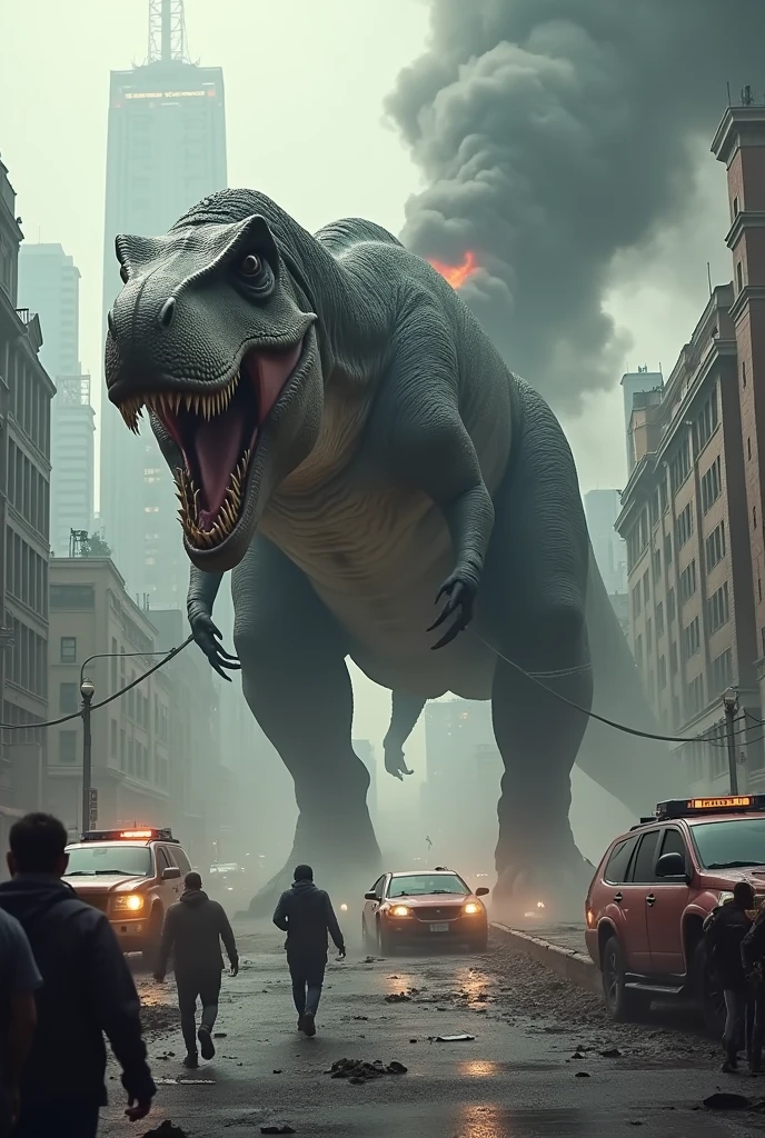 Create a dinosaur running through a city background,grey sky ,smokey airy scene