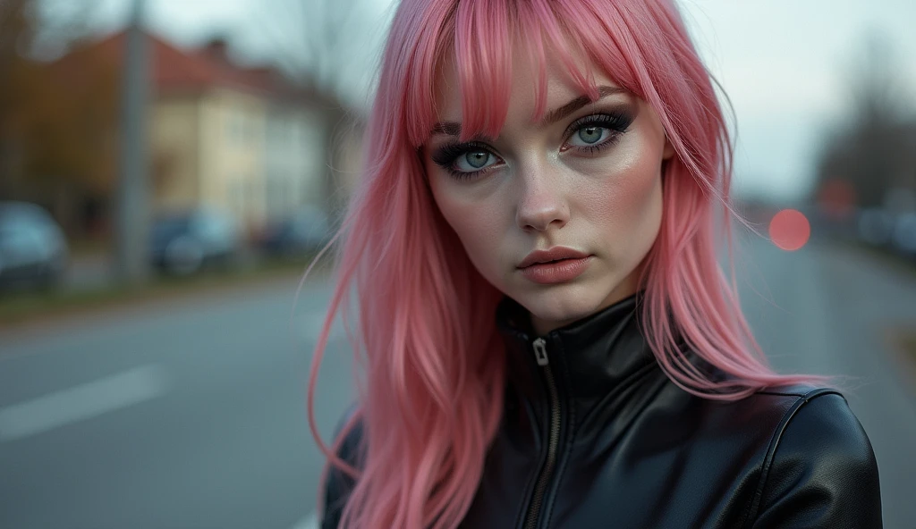 Full lenght, pink hair, narrow face, grey eyes, girl, 18 years old, slim figure, almond-shaped eyes, button nose, full lips, european appearance, ultra highly intricate detailed, black eyeliner, leather bodysuite, over knee boots, looking at the camera, professional photography, ultra sharp focus, very beautiful, motorcycle