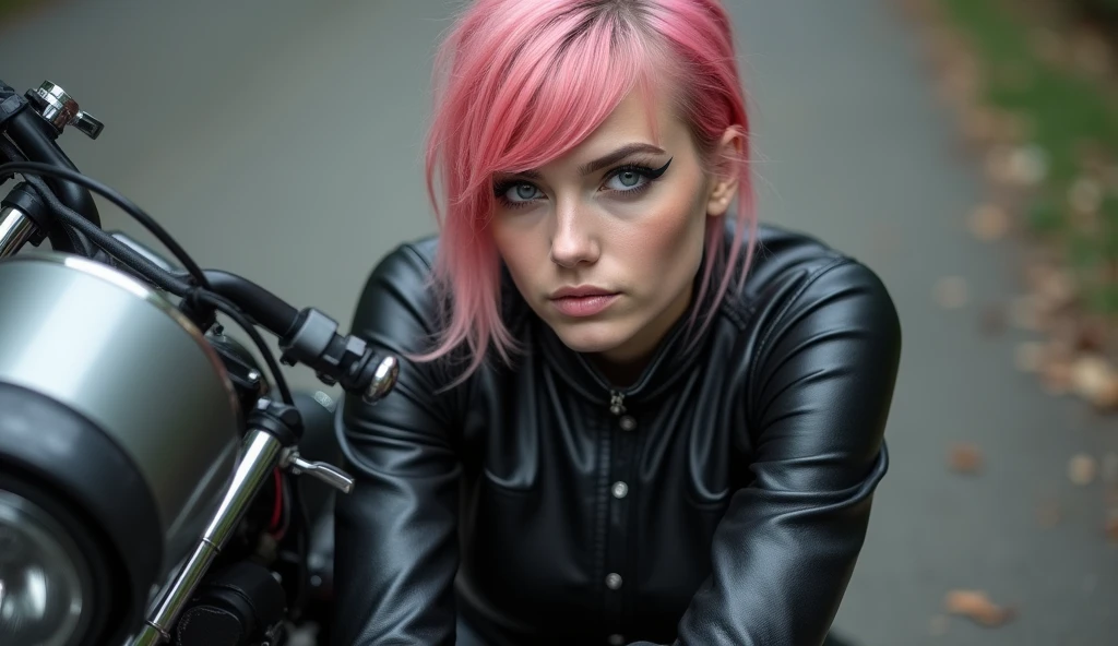 Full lenght, pink hair, narrow face, grey eyes, girl, 18 years old, slim figure, almond-shaped eyes, button nose, full lips, european appearance, ultra highly intricate detailed, black eyeliner, leather bodysuite, over knee boots, looking at the camera, professional photography, ultra sharp focus, very beautiful, motorcycle