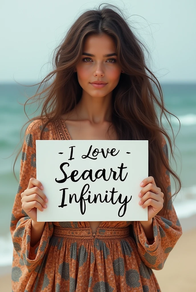 Beautiful girl with wavy long hair, bohemian dress, holding a white board with text "I Love Seaart Infinity" and showing it to the viewer