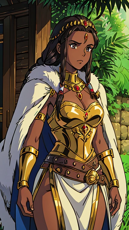 (1girl, nubia), (extremely detailed CG unit 8k wallpaper),(master part), (best quality), (ultra detail), (best illustration),(melhor ombre), cowboy shot, (Sharp eyeliner, ombre, detailed eyes:1), african savannah background,break , (ghibli style), upper body,fur trim, dark hair,long hair, dreadlocks,dark skinned female, bikini armor, pauldron, headdress, pelvic curtain, belt, cape, gauntlets, gold armor, greaves, hair ornament, vambraces,