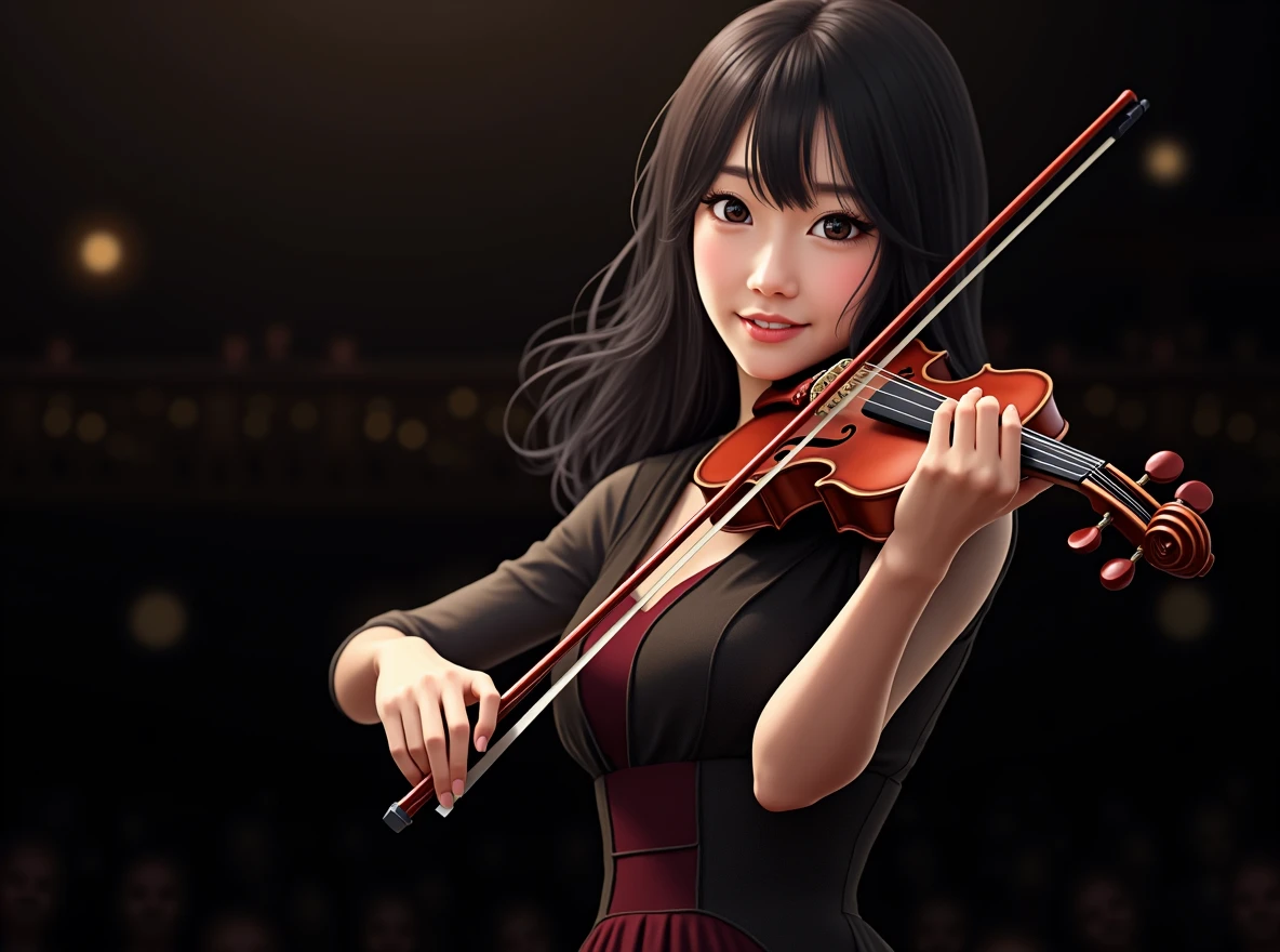 Beautiful Japanese woman playing the violin at a concert venue, Crimson sleeveless dress, Wavy Hair, Smile