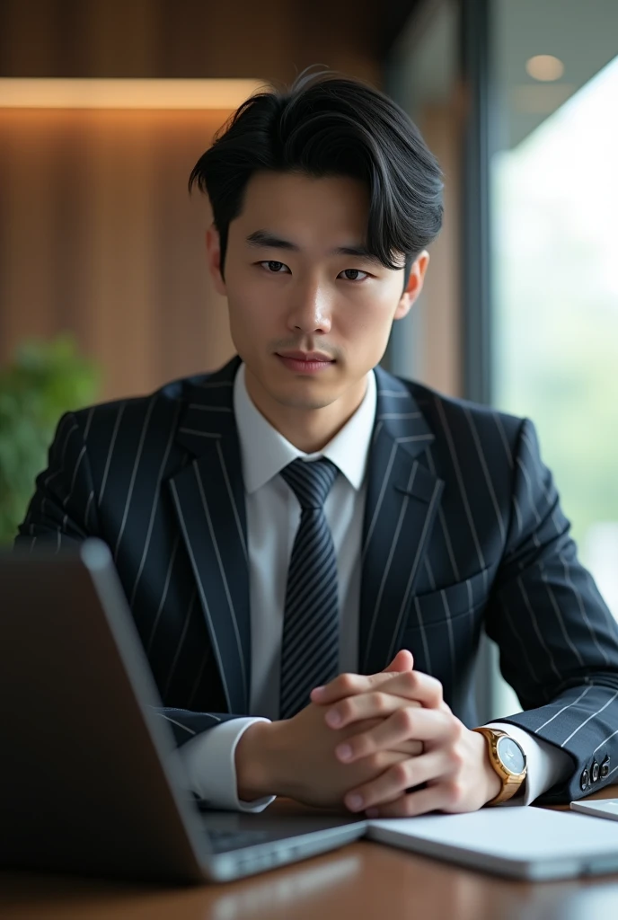 A fresh and handsome 30-year-old new employee, Japanese 30-year-old male, businessman, super high-end suit, striped suit, office, sitting in front of laptop, (CG Unity 8K high-definition photo), (highly detailed S-class handsome man), (photo realistic), ((best quality)), super detailed, (masterpiece), super high quality, high, viewer, gentleman, very beautiful hair, front bang, bright photo, handsome as a model, handsome as an idol, luxury watch, hyper realistic