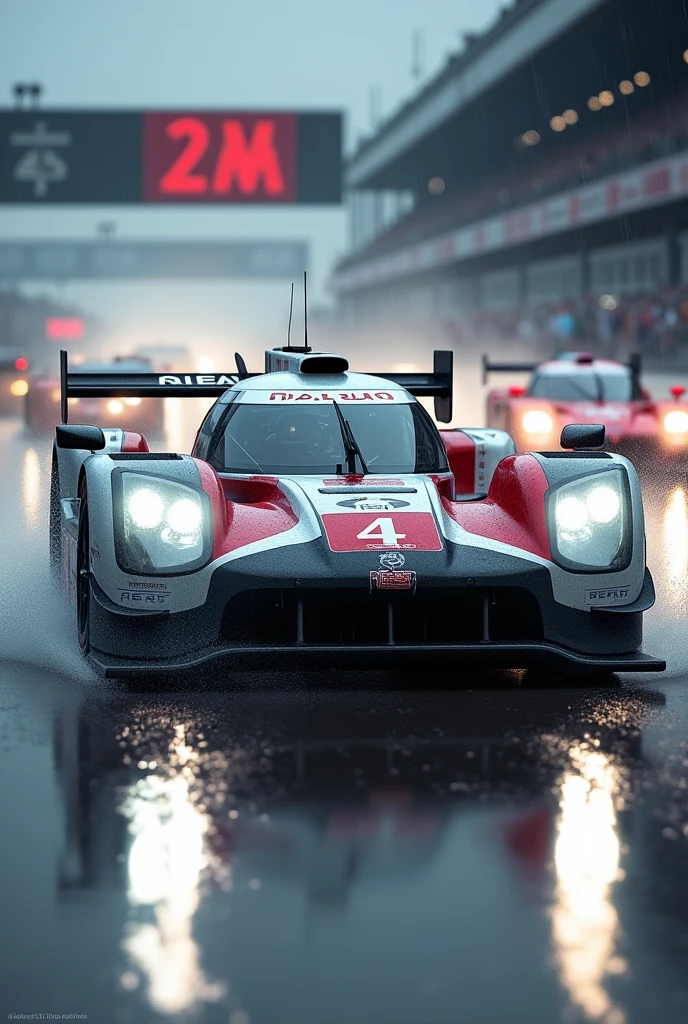 GTR lm racing at le mans with other cars behind in the rain with the headlights on white light