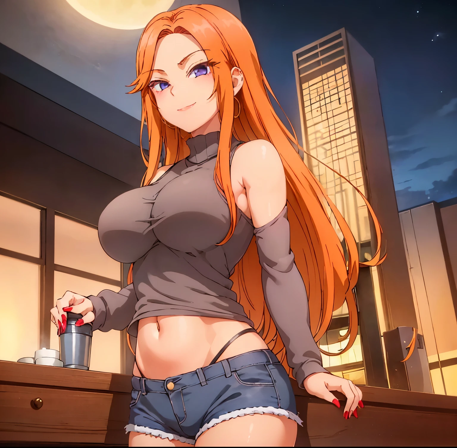 ((1girl)),((alone)),Mai fuyuki,(masterpiece), (best quality), (ultra detailed), (best illustration), (best shadow), (absurdities), sharp focus, cowboy shot ,atmospheric perspective, depth of field, dynamic posture looking at the viewer, large breasts, narrow waist, wide hips, wide thighs, round butt, erotic, romantic, (very detailed eyes, lips 1.1), very detailed eyes, eyes, very face detailed, very beautiful face, full height, beautiful slim figure, femininity, expressive appearance, elastic big breasts, sexuality, purple eyes, orange hair, long hair, breasts, between the breasts, earrings, jewelry, turtleneck, smile, big breasts , nail polish, red nails, hoop earrings, nails, lipstick, makeup, long nails, lips, tight tank top, dark blue shirt, bare shoulders, bare arms, cleavage, waist, navel, denim shorts, shorts blue, bare legs, smiling, playful look, seductive smile, medium breasts, long sleeves, side locks , curves, defined body, Perfect and beautiful body, perfect and beautiful, closed mouth, smile, happy smile, blushing, (sexy pose: 1.2), ((solo)), standing: 1.3,(( Cityscape: 1.5, Japanese metropolis: 1.5, streets: 1.5, sunset: 1.5, clouds: 1.3, night: 1.4, moon: 1.4)),looking forward,((focus on hips )), point of view: (from below), perfect anatomy, perfect hands