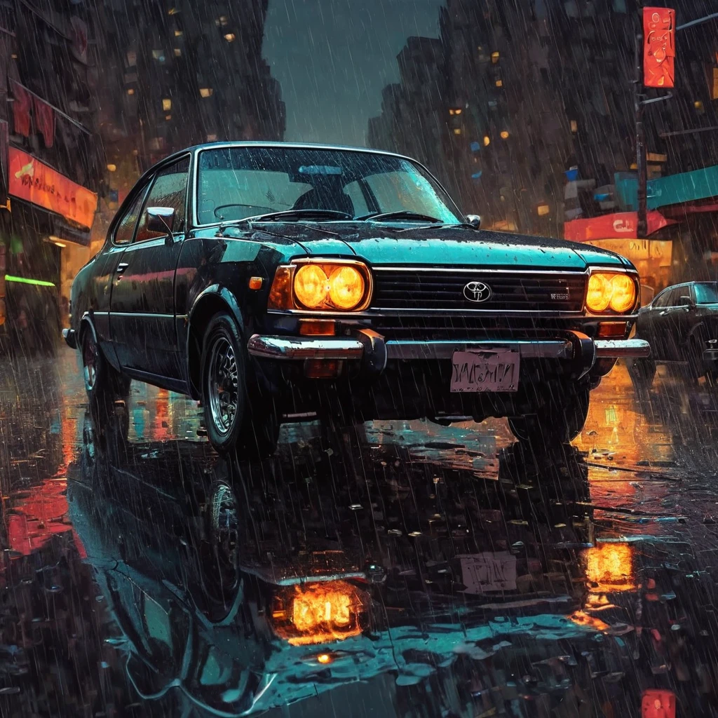 A black chrome toyota ke35 full option dark race but classic car in the style of sam spratt, historical vintage car, old masters, genndy tartakovsky, soggy, masaccio, a 1990s poster style with rainy details, colorful with vibrant colors, (low-light, breathtaking panoramic:1.3), night newyork city background, rainny, light reflection at the floor, acrilic art paint