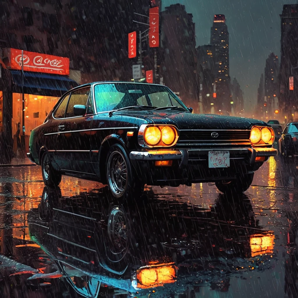 A black chrome toyota ke35 full option dark race but classic car in the style of sam spratt, historical vintage car, old masters, genndy tartakovsky, soggy, masaccio, a 1990s poster style with rainy  details, colorful with vibrant colors, (low-light, breathtaking panoramic:1.3), night newyork city background, rainny, light reflection at the floor, acrilic art paint