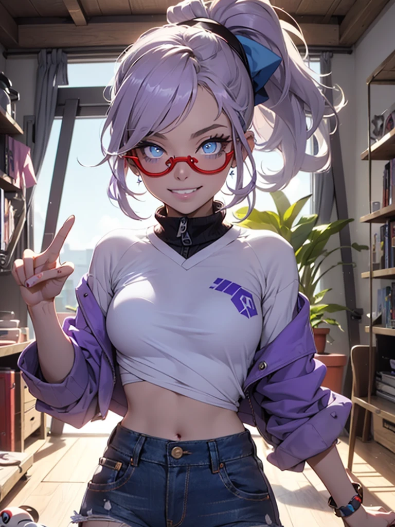 (looking at viewer:1.4), portrait, (((((light purple messy ponytail)))), (((((blue eyes))))), (((red glasses)))), (standing:1.2),(supermodel:1.2), (frilled bra:1), hilda_(pokemon), 1girl, hat, denim, brown_hair, holding, baseball_cap, blue_eyes, long_hair, {{laughing}}, hand__the_peace_symbol, high_ponytail, ponytail, small_breasts, toppless, big smile, (Punk rock fashion), upper body piercing, bedroom, Pokemon_style, pokemon_Characters