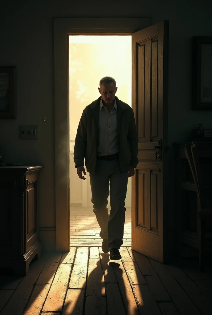 Marcos entering the house with the door half open: The image must capture the moment when Marcos steps inside the house, with the wooden floor creaking under your feet and a dark and dusty environment.