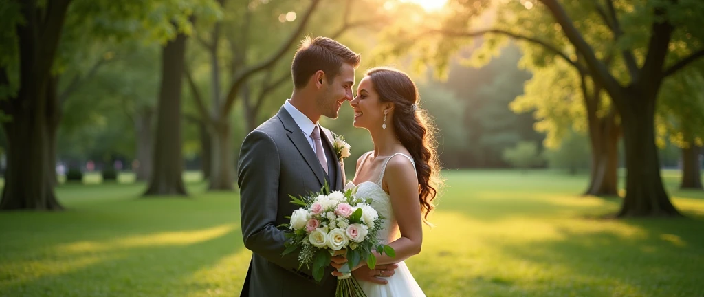 a wide-angle shot of the bride and groom surrounded by a lush green landscape in the park, their faces aglow with joy and contentment, illustrating the beauty and harmony of their love story