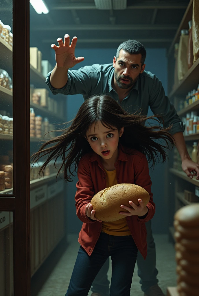 A stealing bread from a store and being beaten by the owner