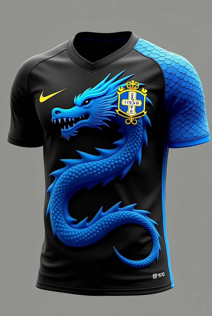 Brazilian football uniform without player, with black color ,with giant blue dragon ,Nike brand with blue scale on the right shoulder with 6 years on the chest