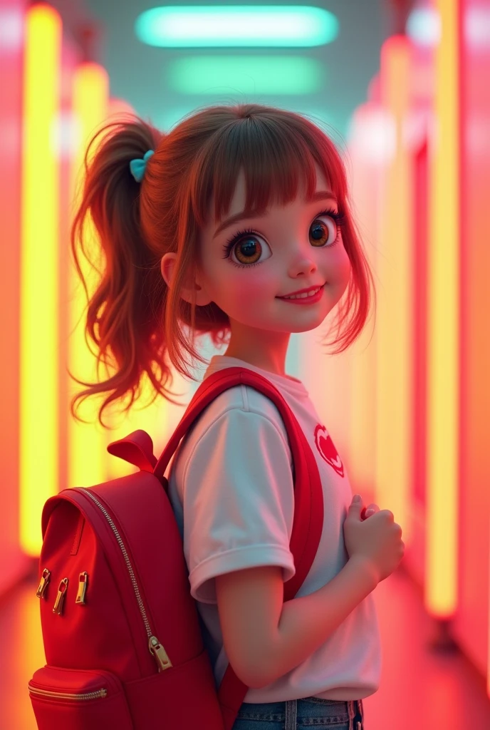 Conversation with Gemini
Generate a image of a happy schoolgirl smilign at the camera. She has pale white skin and a red backpack. She has light brown hair and big red lips. The background has neon red, neon yellow, and neon green in stripes