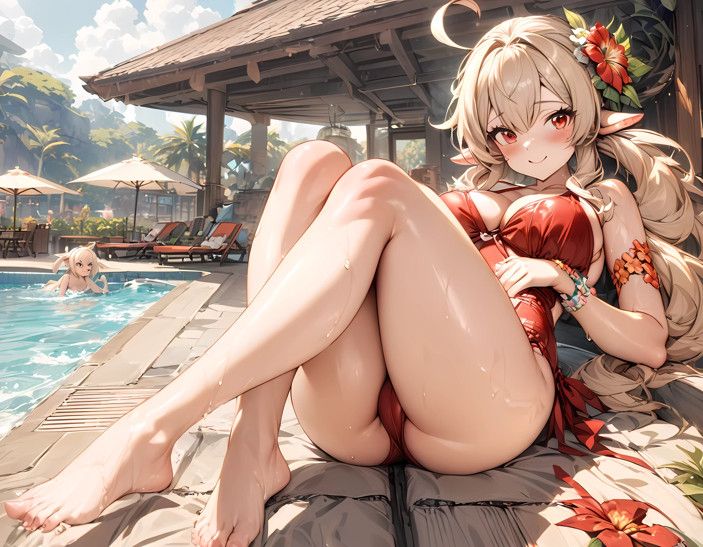(masterpiece), best quality, expressive eyes, perfect face,1girl,klee,genshin impact,big breasts,sexy one-piece swimsuit,(red swimsuit),sexy clothes,poolside,lying on back,hair flower,blush,beach resort,legs crossed,sexy pose,(bare shoulders),flower bracelets,smile,mouth open,looking at viewer,wet,bare feet