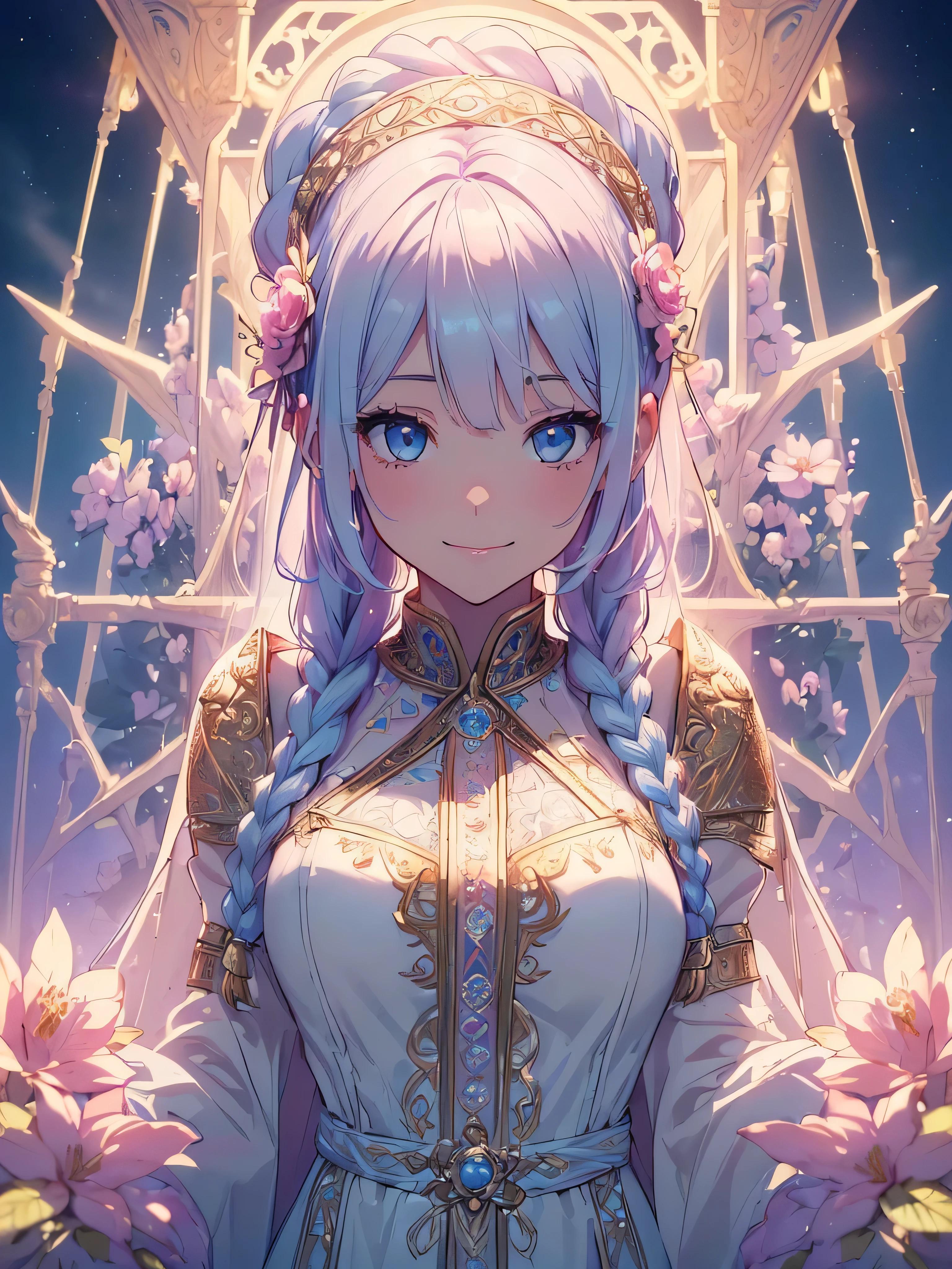 (((best quality, sharp image, clear image, cinematic lighting, 8k resolution, masterpiece, ultra detailed, intricate))) Girl, cute, priestess, intricate dress, braided hair, smiling,pastel pink, pastel blue, ((intricate background)), (flower frame), portal,frontview