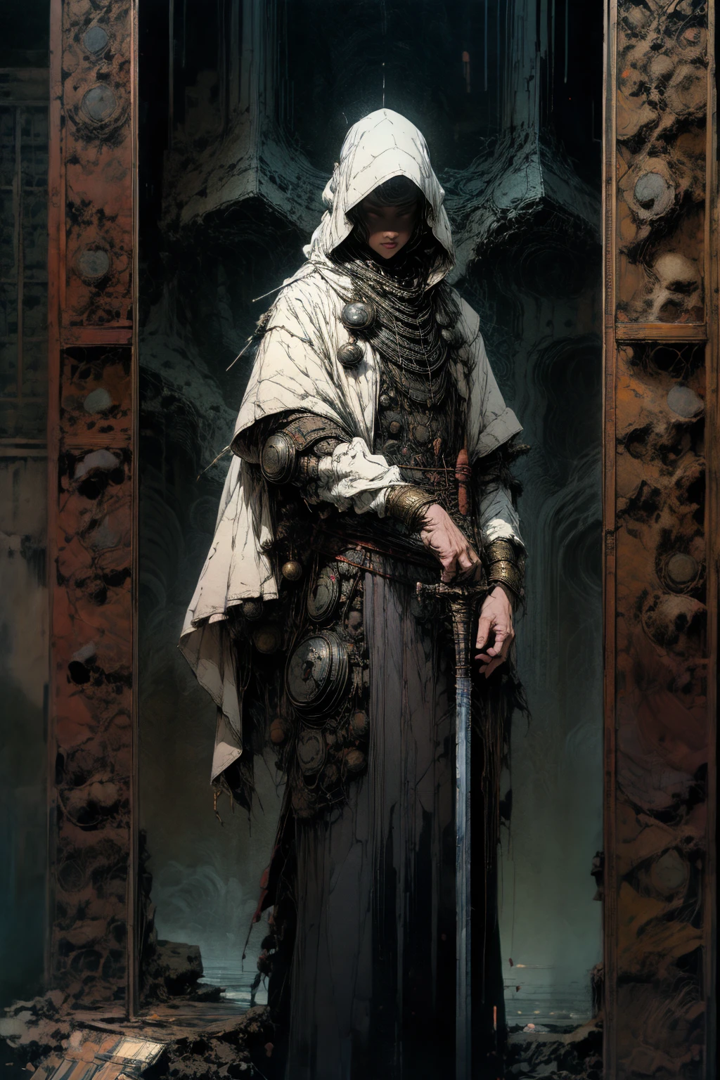 A highly detailed, cinematic illustration of an assassin from the Assassin's Creed universe, wearing a striking white hooded cloak and hidden blade, set against a moody, atmospheric background, dramatic lighting, intricate ornate architecture, photorealistic, digital art, concept art style