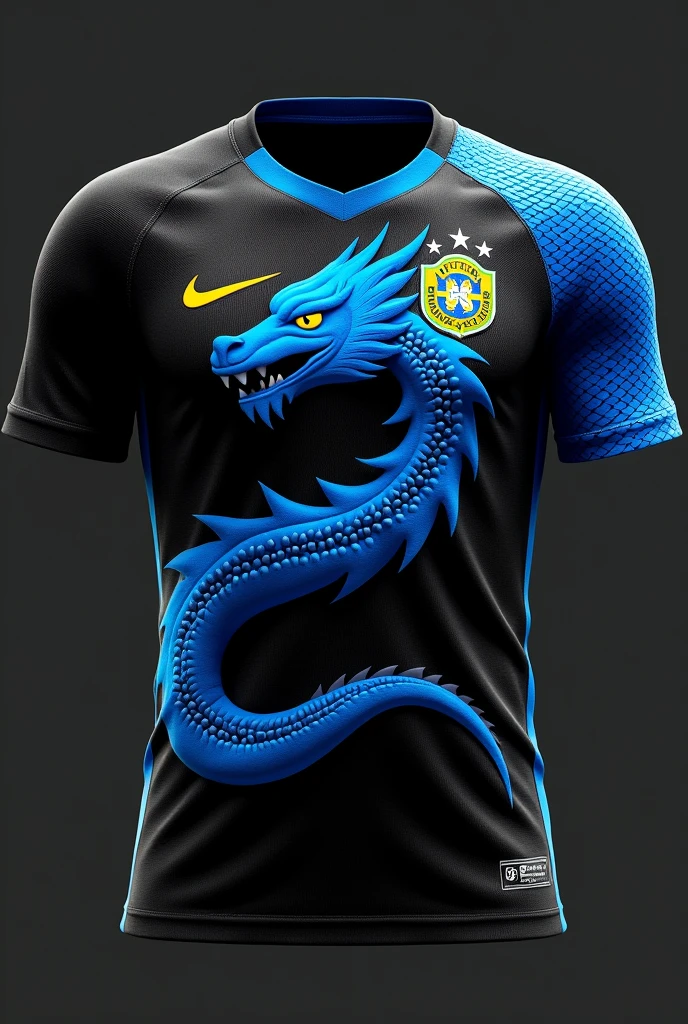 Brazilian football uniform without player, with black color ,with giant blue dragon ,Nike brand with blue scale on the right shoulder with sixth year on the chest