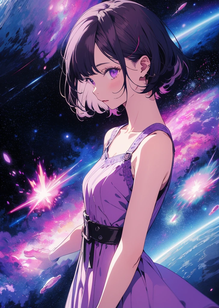 Girl with short purple hair in pink dress, purple space background, Ultra-high image quality, looks away from the camera