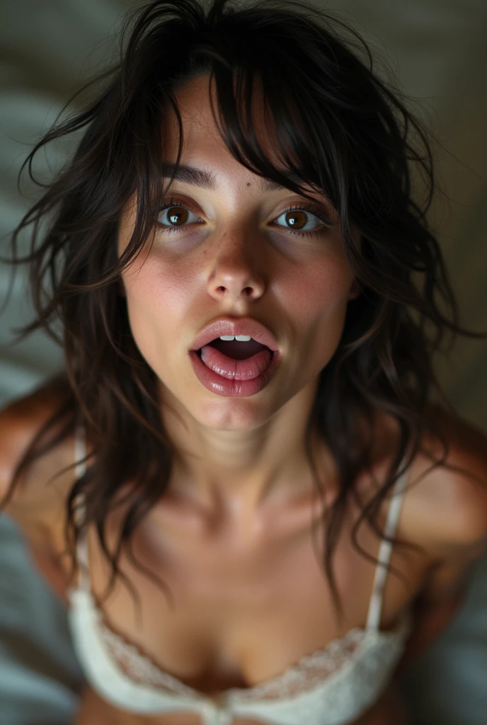 (From a straight above, birds-eye perspective), ((looking at the camera)) , a 23 year old gorgeous woman , ((opened mouth with tongue out)), naughty, detailed skin face and eyes , natural lighting , at home , long hair, topless , film grain, low contrast, natural face , freckles , black hair , blue eyes, dark circles under eyes, naked, showing breast, ((kneeling pose from above)), 