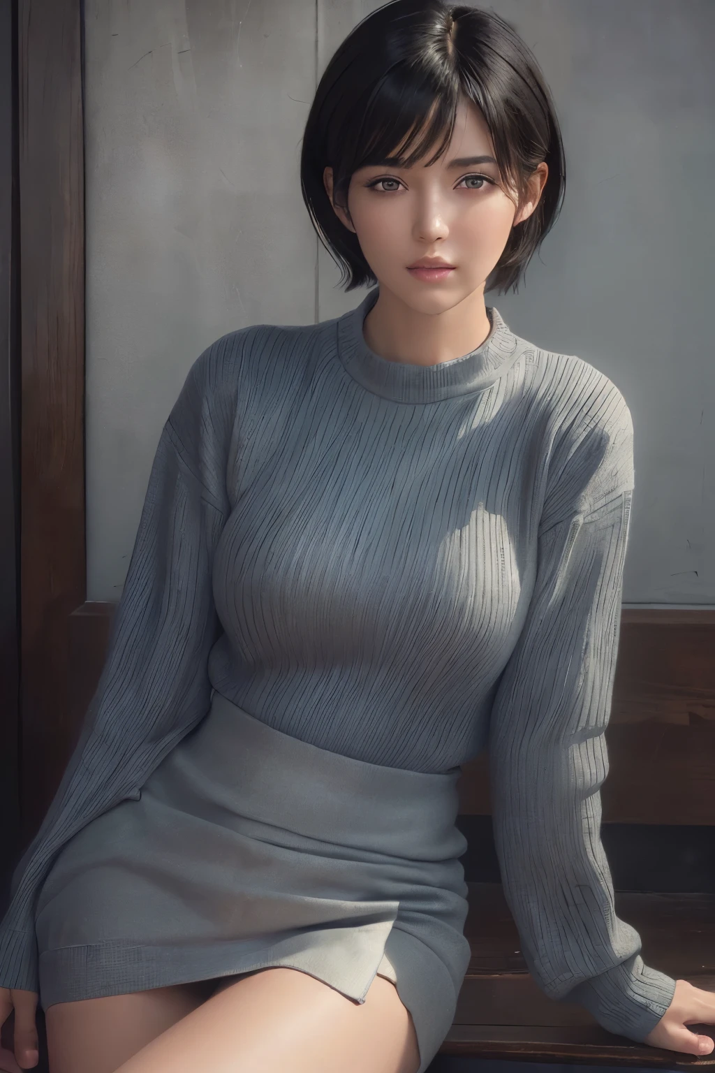 (masterpiece:1.3), (8k, photorealistic, RAW photo, best quality: 1.4), (1girl), beautiful face, (realistic face), (black hair, short hair:1.3), beautiful hairstyle, realistic eyes, beautiful detailed eyes, (realistic skin), beautiful skin, (sweater), absurdres, attractive, ultra high res, ultra realistic, highly detailed, golden ratio