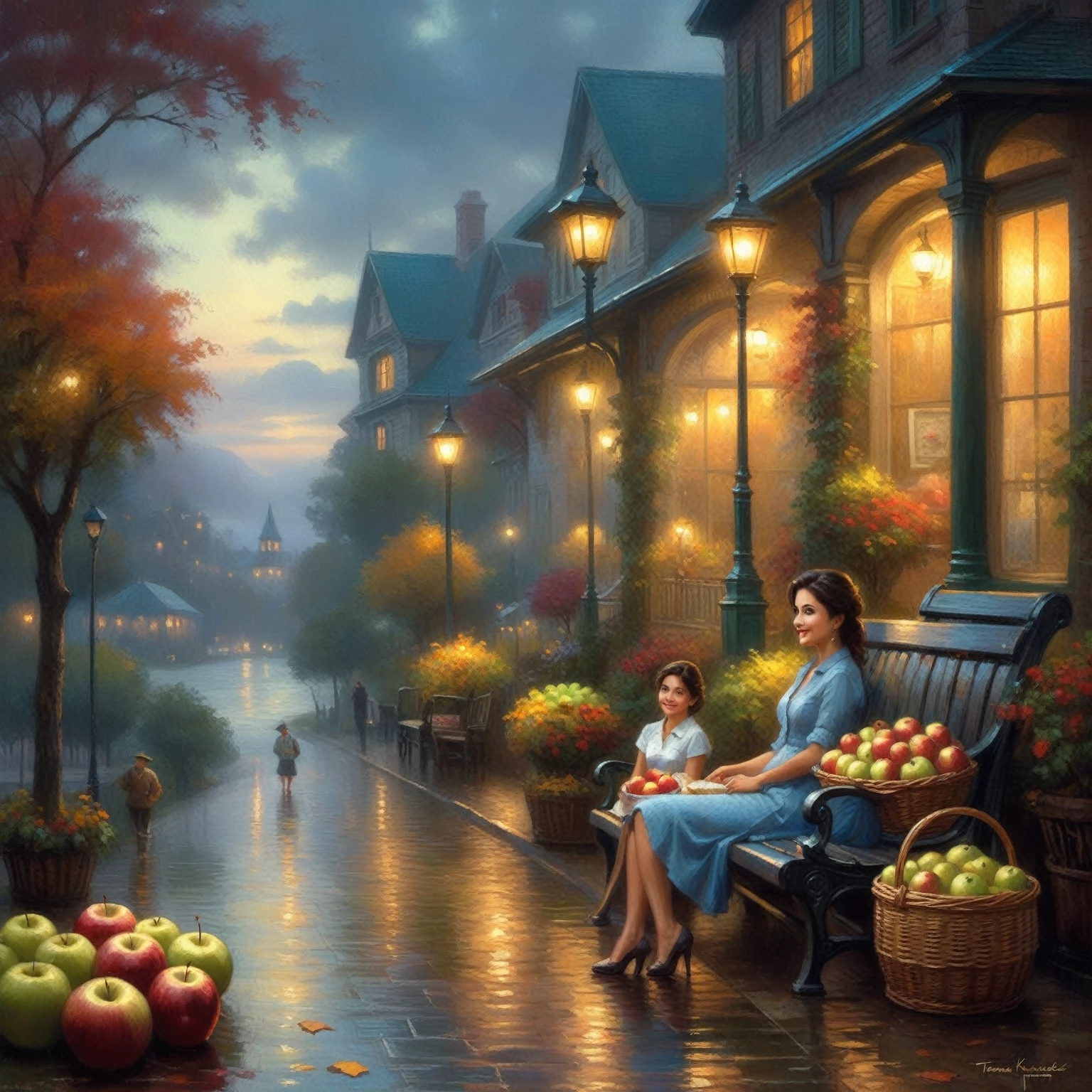 painting of a woman sitting on a bench with an umbrella and basket of apples, beautiful digital artwork, tomas kinkade, andy park, by thomas kinkade, by Thomas Kinkade, autumn night, kinkade, thomas kinkade cfg _ scale 9, rainy evening, (((thomas kinkade))), beautiful artwork, thomas kinkade painting, by Pablo Munoz Gomez