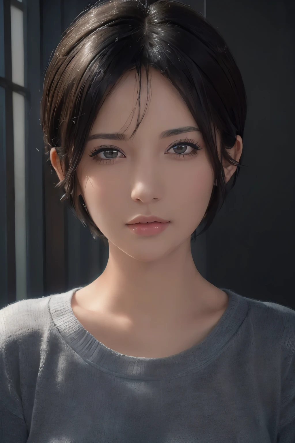 (masterpiece:1.3), (8k, photorealistic, RAW photo, best quality: 1.4), (1girl), beautiful face, (realistic face), (black hair, short hair:1.3), beautiful hairstyle, realistic eyes, beautiful detailed eyes, (realistic skin), beautiful skin, (sweater), absurdres, attractive, ultra high res, ultra realistic, highly detailed, golden ratio