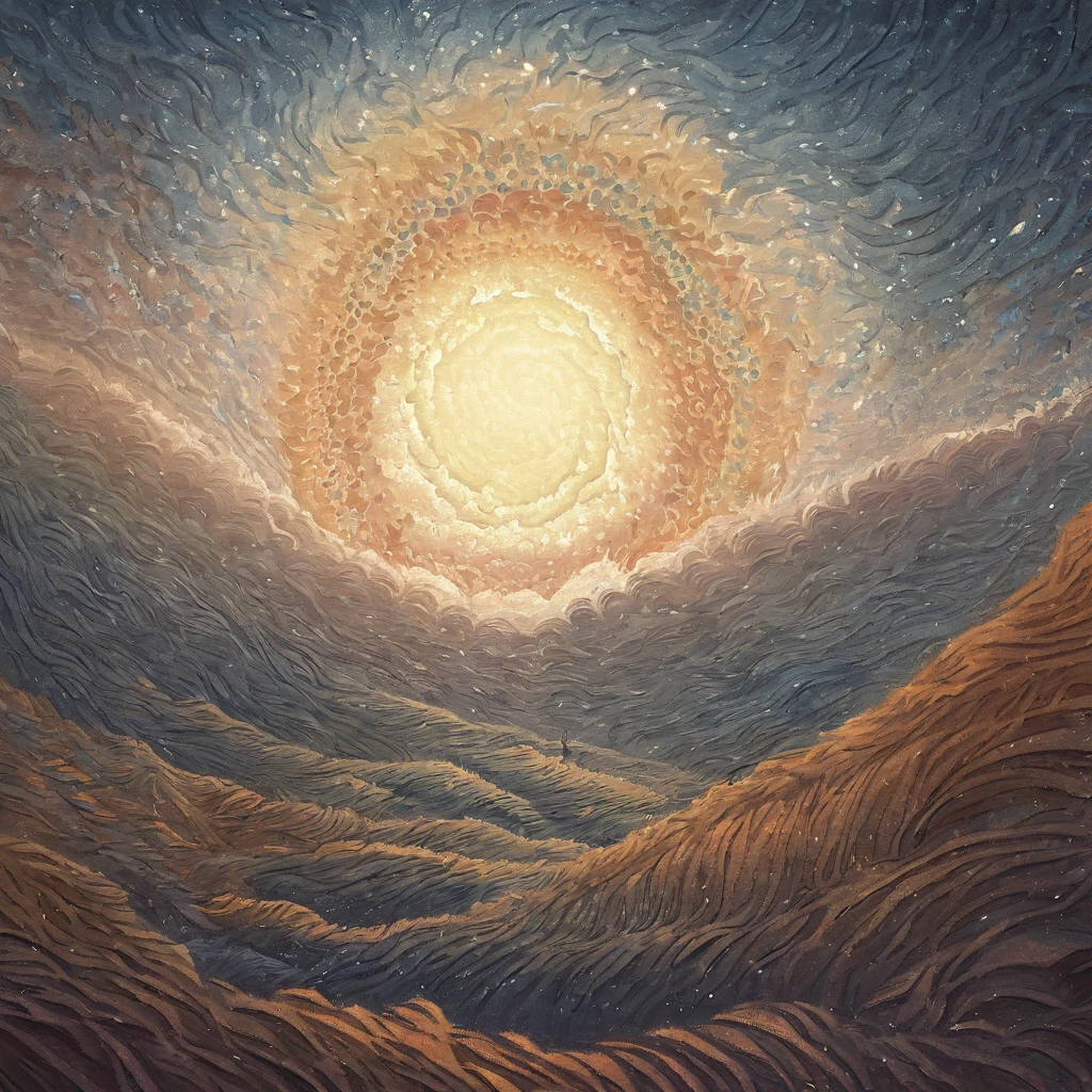 deep red yellow and white dot light spinning, Vincent van Gogh's painting style, pointillism style, magnificent landscapes, illustrations, negative space, intagliography, art, acrilic art paint, acrilic color texture