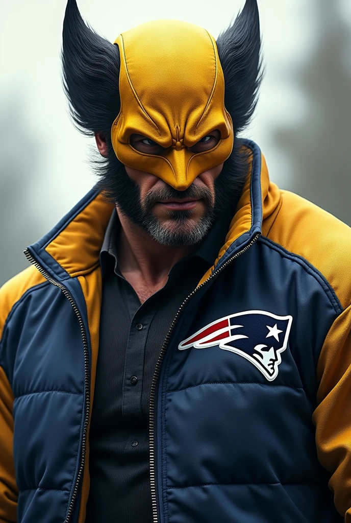 Wolverine with yellow mask and New England Patriots jacket