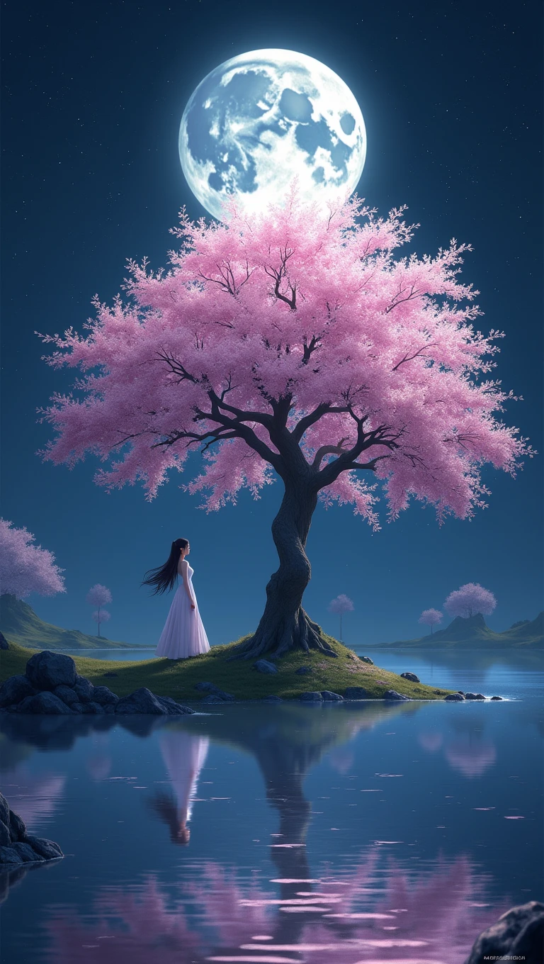 A cherry tree with the moon in the background, a lake in which the moon and mitsuri are referred to