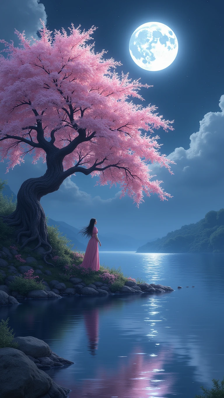 A cherry tree with the moon in the background, a lake in which the moon and mitsuri are referred to 