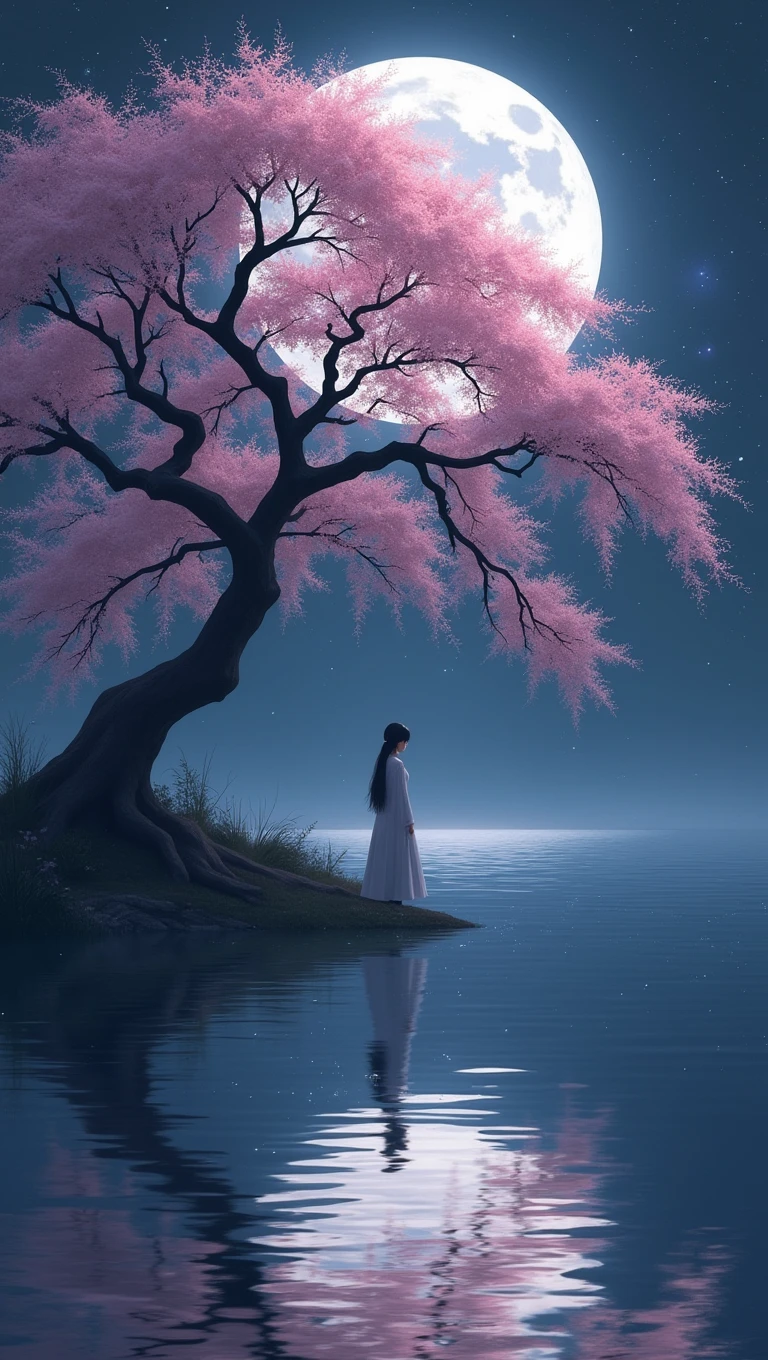 A cherry tree with the moon in the background, a lake in which the moon and mitsuri are referred to