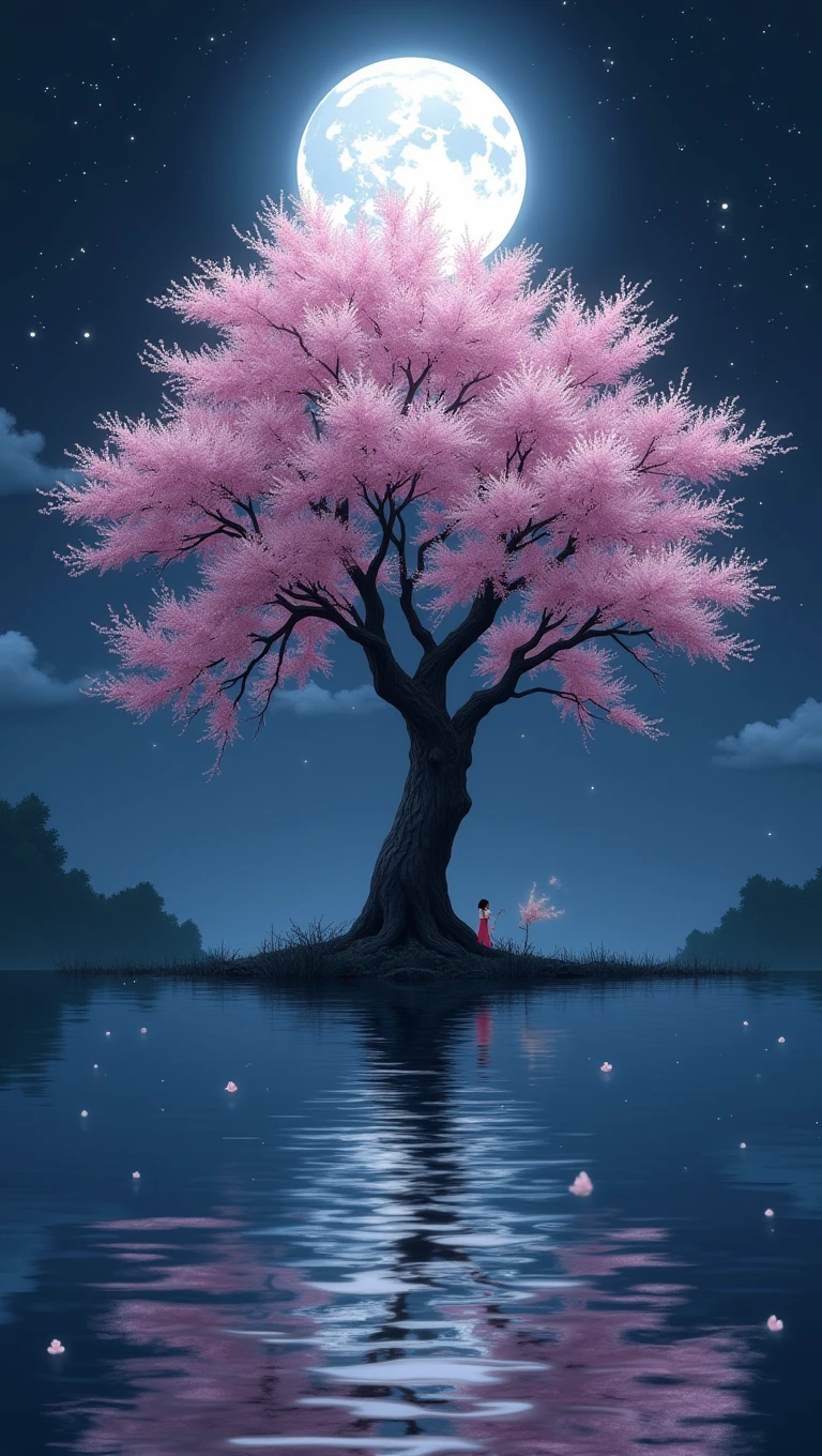 A cherry tree with the moon in the background, a lake in which the moon and mitsuri are referred to 