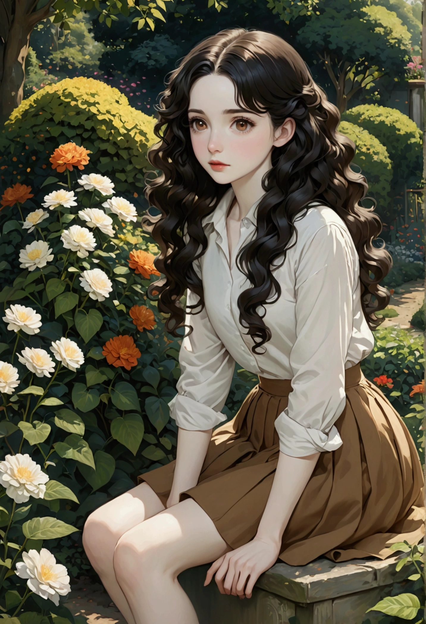 1 girl, Pale skin, black hair, long, curly hair, White shirt, brown skirt above the knees, Whole body, Brown eyes, in a garden. 