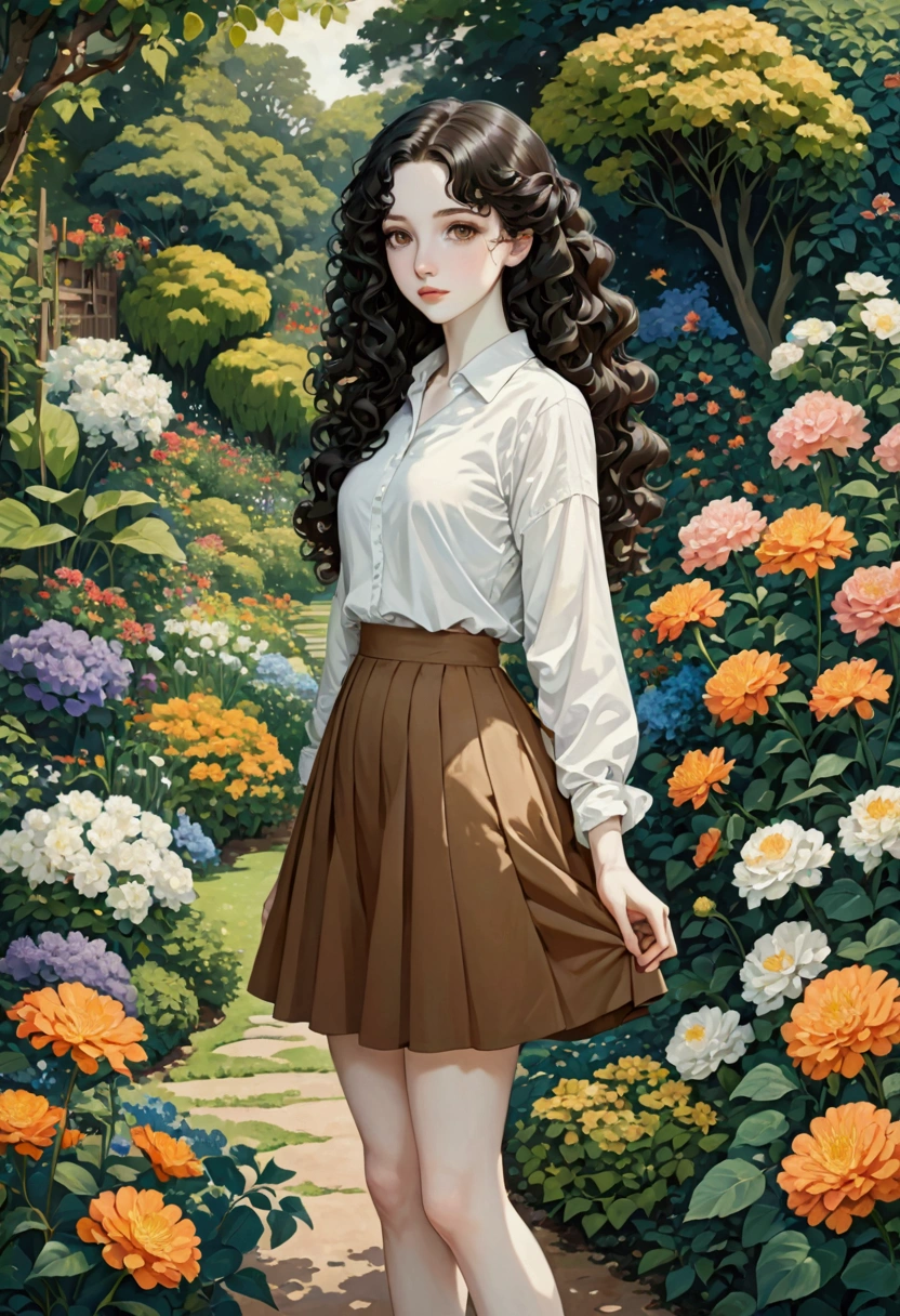 1 girl, Pale skin, black hair, long, curly hair, White shirt, brown skirt above the knees, Whole body, Brown eyes, in a garden. 