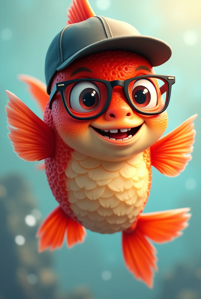 Red fish, in a cap and glasses, smiling, happy, cheerful