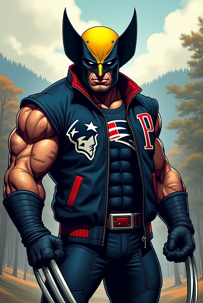 Wolverine with yellow mask and New England Patriots jacket
