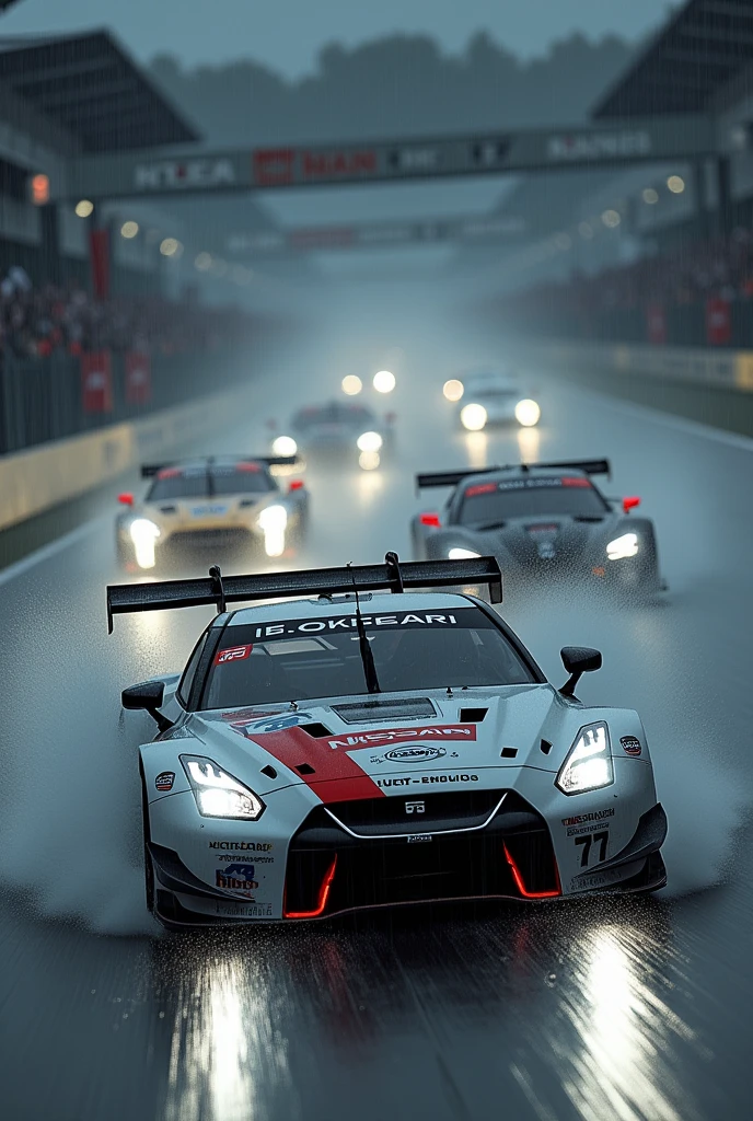 GTR lm racing at le mans with other cars behind in the rain with the headlights on white light