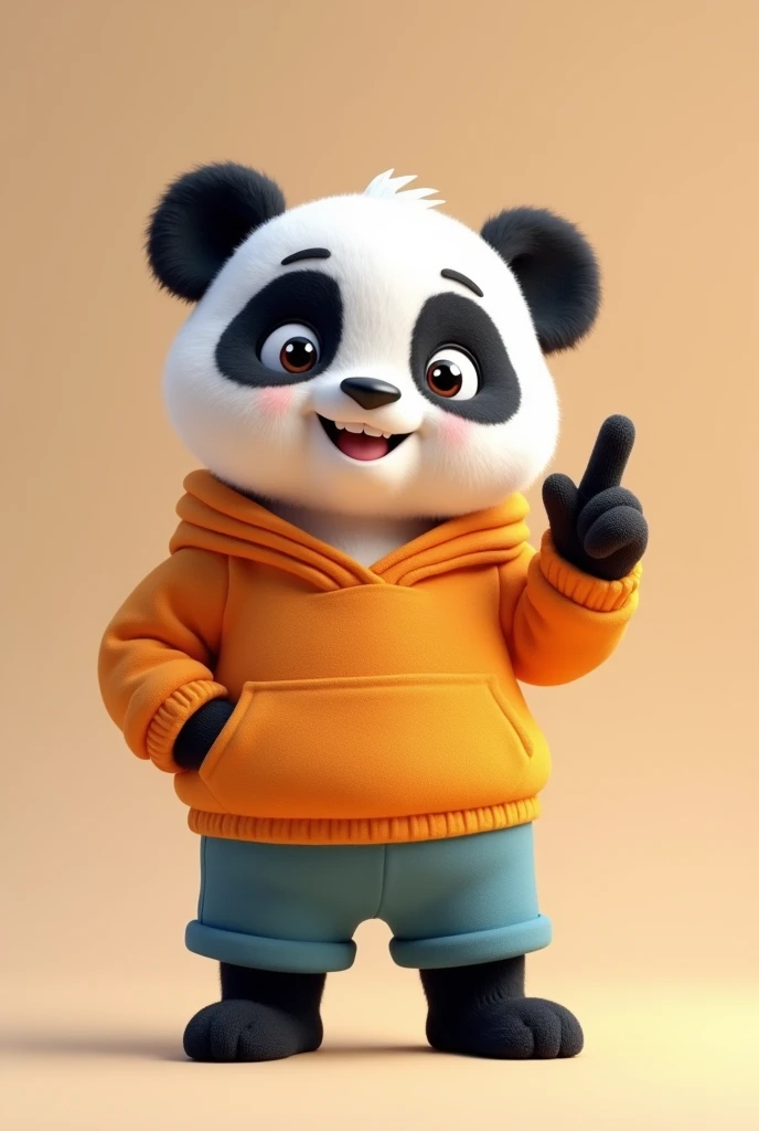 create for me a cute panda bear with an orange sweater and blue shorts mascot style for stores and posting the finger 3d